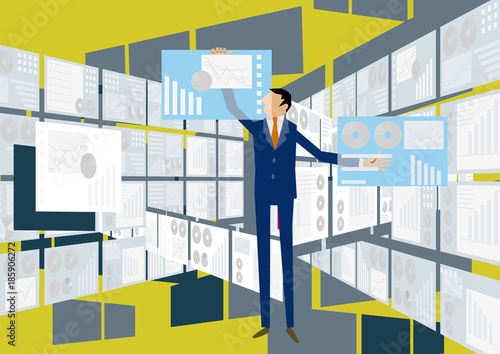 仮想現実とビジネスマンのクリップアート。ビッグデータを扱う近未来のイメージ。