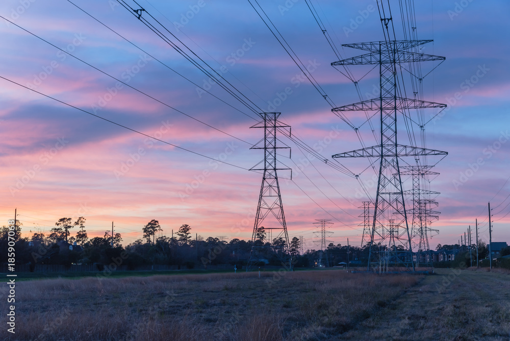 Industrial background group silhouette of transmission towers (or power ...