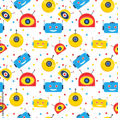 Colorful robot heads and dots seamless pattern