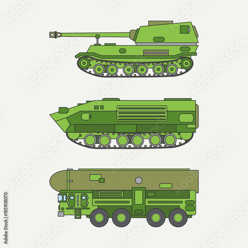 Line flat color vector icon set infantry assault army tank. Military vehicle. Cartoon vintage style. Soldiers. Armored. Corps. Weaponry. Tow tractor unit. Simple. Illustration, element for your design