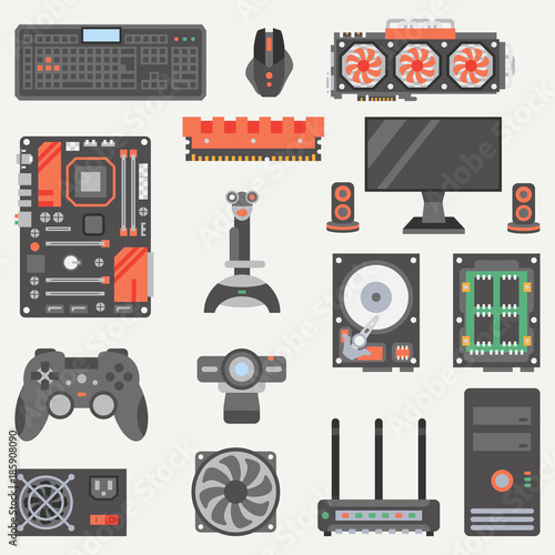 Flat color vector computer part icon set. Cartoon style. Digital gaming and business office pc desktop device. Innovation gadget technology. Internet. Illustration, element for your design, wallpaper.