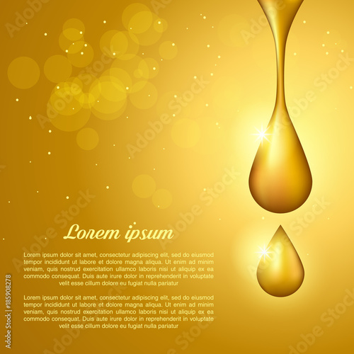 Vector illustration: golden drops of oil, golden serum, falling on a golden background with bright rays. Flyer template, brochure, banner to promote cosmetics, spa, engine oil
