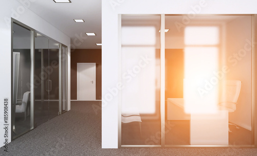 Open space office interior with like conference room. Mockup. 3D rendering. Sunset.