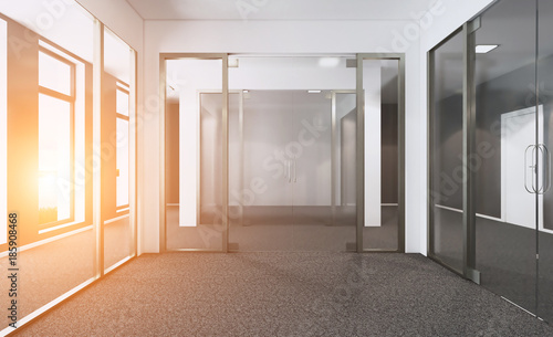 Empty modern office Cabinet. Meeting room. 3D rendering. Sunset.