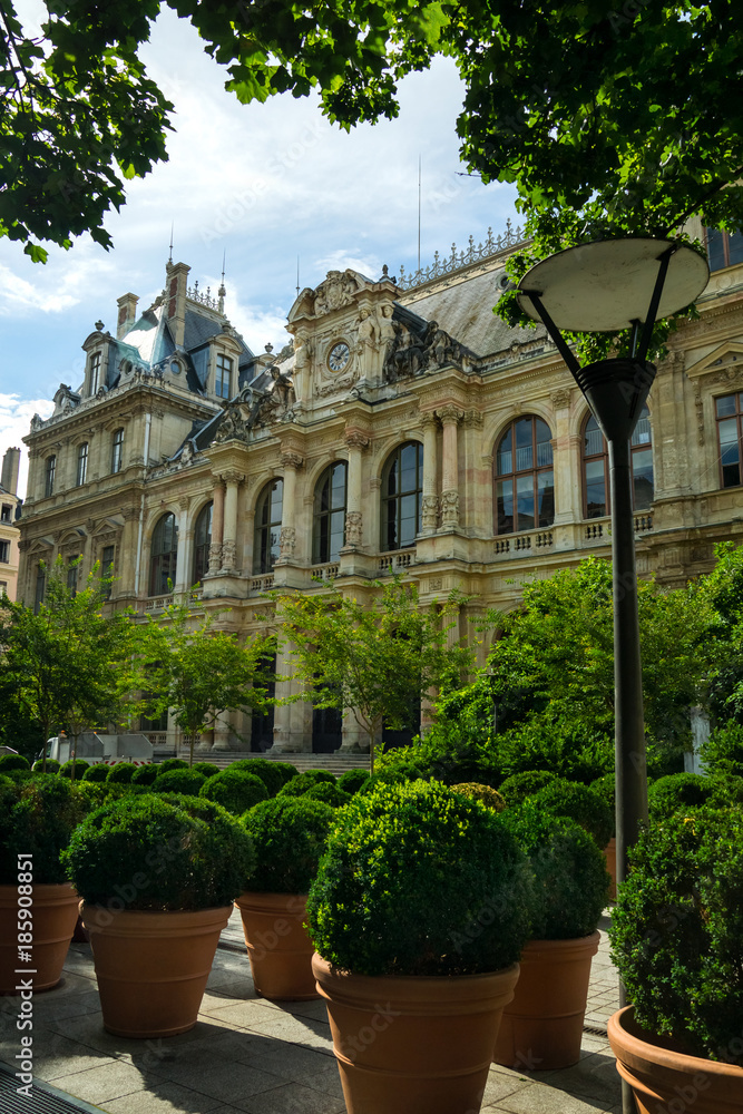 Bourse palace (Chamber of Commerce) in Lyon surrounded by green leaves.