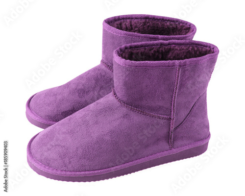 Violet turquoise pair of short winter ugg boots isolated white photo