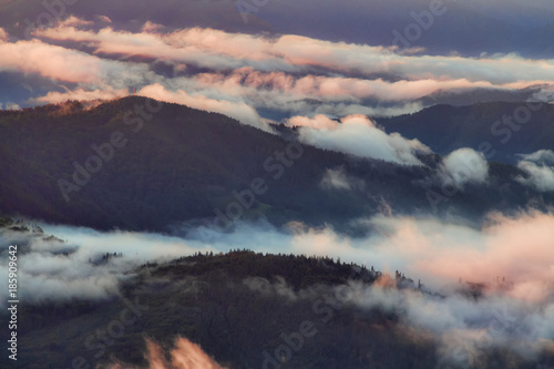 Morning fog and sunrise light over the forest of Ceahlau Mountains, Romania