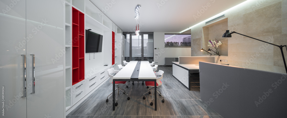 Modern design office in red and white colors.