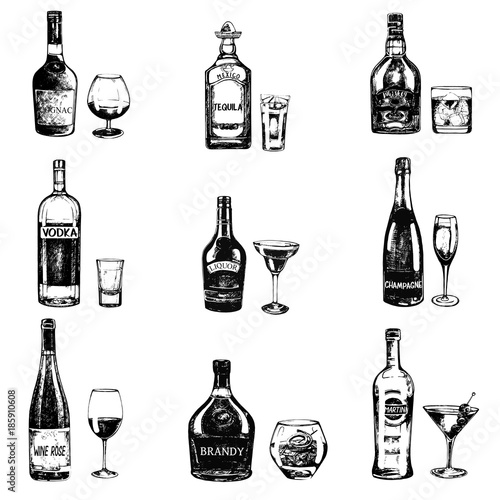 Set of sketch style hand drawn bottles of alcohol and drinks. Vector illustration isolated on white background.