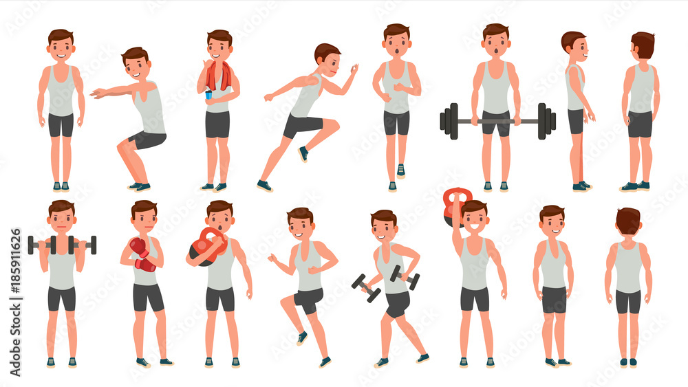 Fitness Man Vector. Different Poses. Weight Training. Exercising Male. Man Figures Is Training On Sport Club. Isolated On White Cartoon Character Illustration
