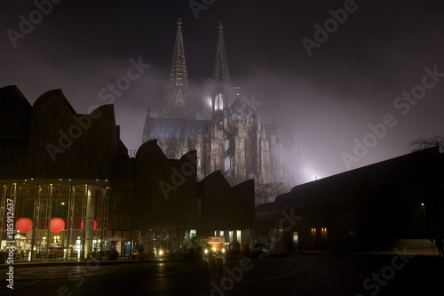 World heritage site Cologne Cathedral at a foggy night. Cologne, Germany.