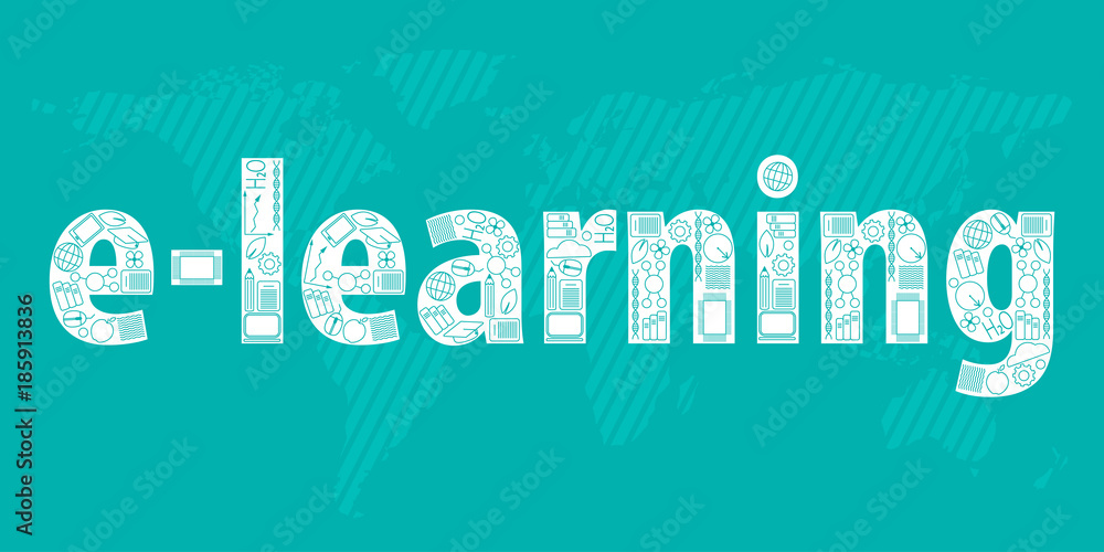 Concept of remote learning. E-learning built from online education icons on light blue. Map of the world background. Flat design. Vector illustration EPS10. Concept of remote learning. E-learning built from online education icons on light blue. Map of the world background. Flat design. Vector illustration EPS10.