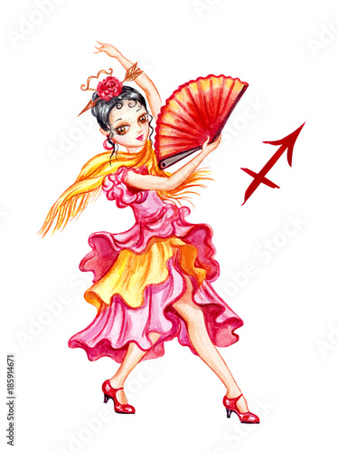 A girl in a Spanish dress, watercolor illustration on a white background. Sign of the zodiac Sagittarius, girlish horoscope.