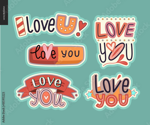 Set of contemporary girlie Love You letter logo. A set of vector patches  logo and letter composition. Vector stickers kit.