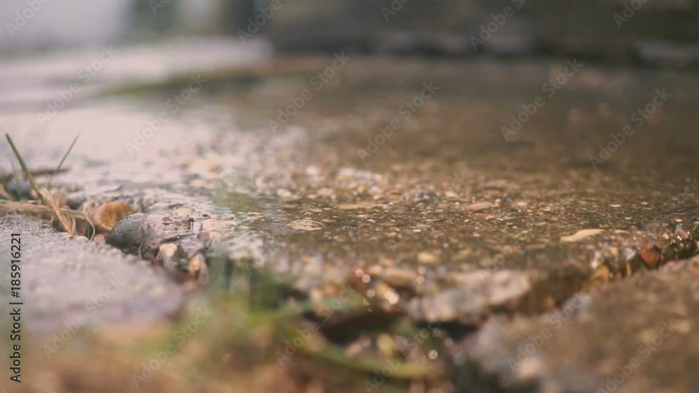 Summer sunny rain. Drops fall from the roof, slow motion Summer sunny rain. Drops fall from the roof, slow motion