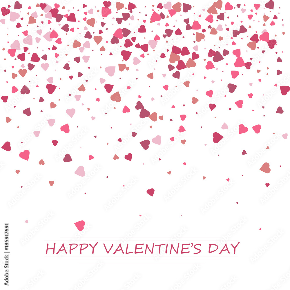 Happy Valentine's Day card. Romantic composition with confetti of hearts. Beautiful background with hearts on a white background. Vector illustration.