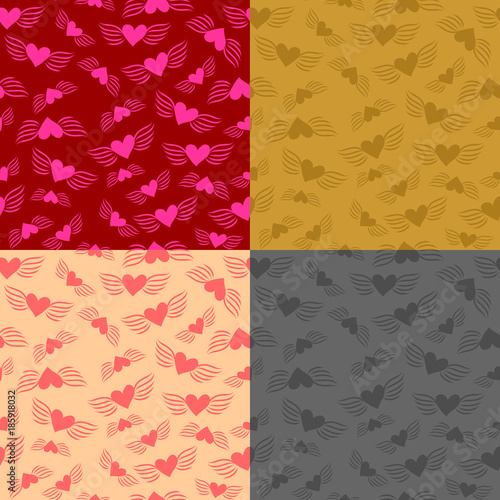 Set of four vector seamless colored patterns flying hearts. Winged simple flat abstract hearts - a conceptual background for textiles or a greeting card for Valentine's Day