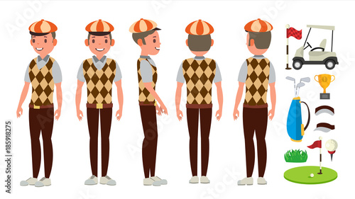 Golf Player Vector. Playing Golfer Male. Different Poses. Isolated Flat Cartoon Character Illustration