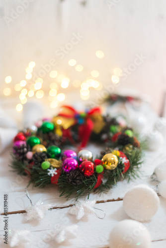 Christmas decorations on a white blurry background.
