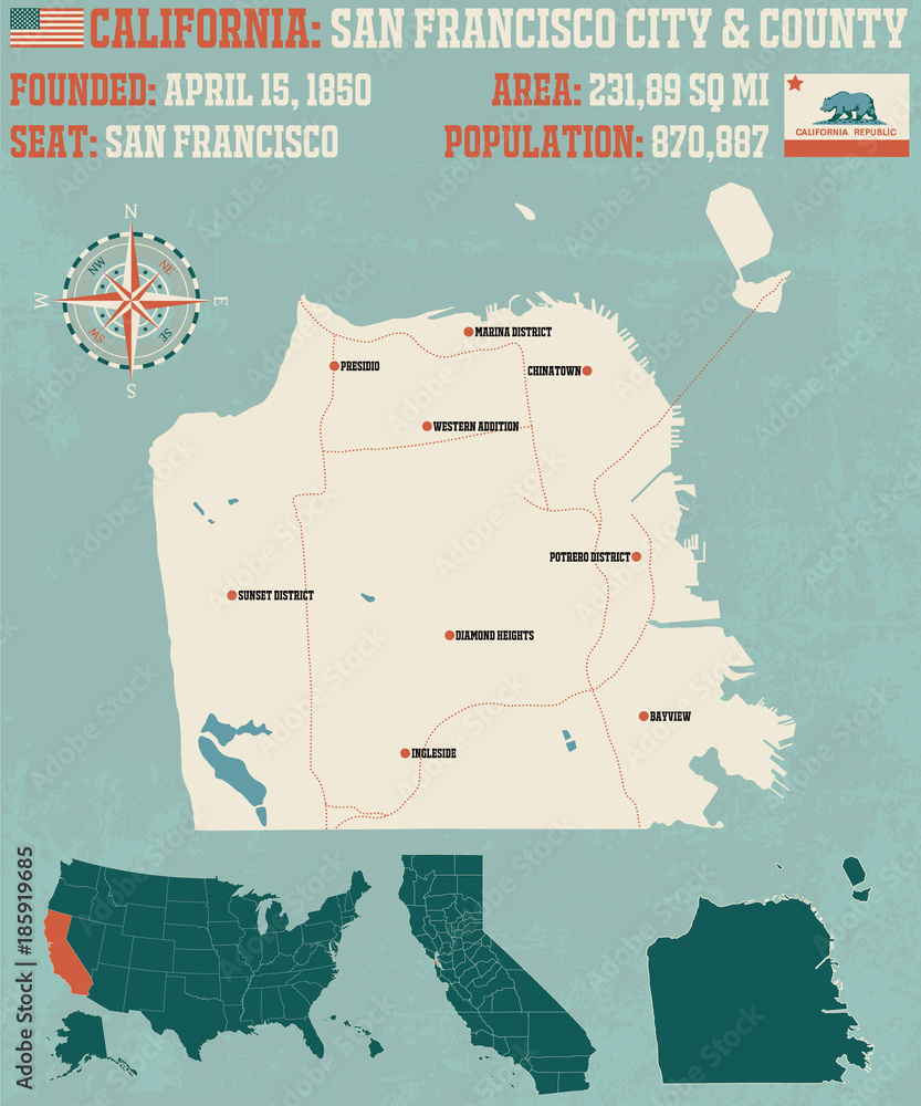 San Francisco County Map Large And Detailed Map Of San Francisco City And County In California.  Stock Vector | Adobe Stock