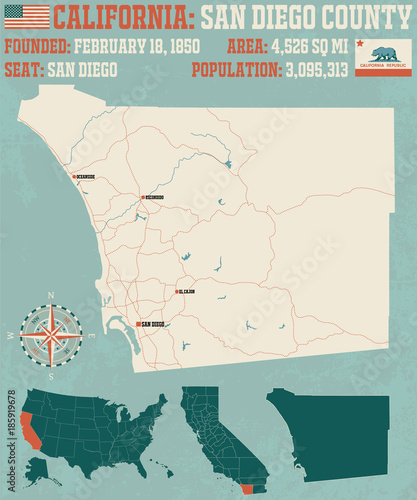 Large and detailed map of San Diego county in California.