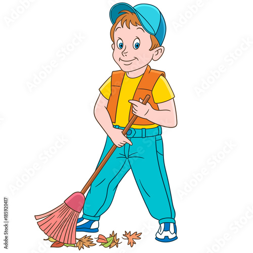 Kids in Professions. Cartoon street cleaner (sweeper) sweeping out autumn leaves. Design for children's coloring book.