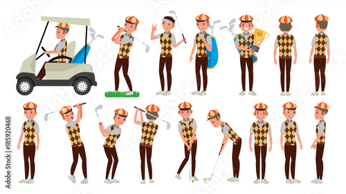 Classic Golf Player Vector. Swing Shot On Course. Diferent Poses. Flat Cartoon Illustration