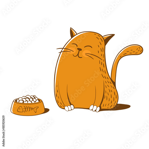 Cute cat with a bowl. Vector illustration.