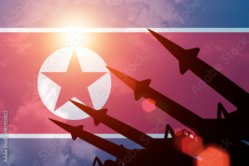Antiaircraft rockets silhouettes on background of North Korea flag. Sunny. photo