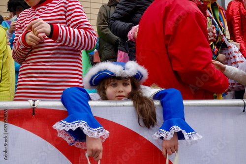 Traditional parade at Rose Monday (Rosenmontag) on the streets of Cologne, Germany; during famous carnival season. So called ifth season. Cologne Carnival (Kölner Karneval) takes place every year.