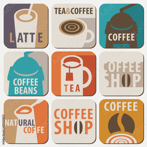 Set of vector logo and icons for hot drinks tea and coffee with lettering in flat style on white background