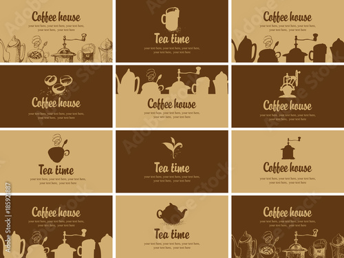 Vector set of business cards for restaurant, cafe or coffee house on the topic of tea and coffee in retro style