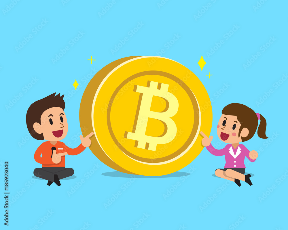 Cryptocurrency concept businessman and businesswoman with big coin Cryptocurrency concept businessman and businesswoman with big coin