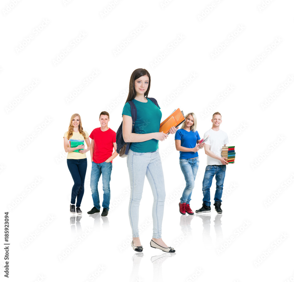 Large group of teenage students isolated on white background. Many different people standing together. School, education, college, university concept.