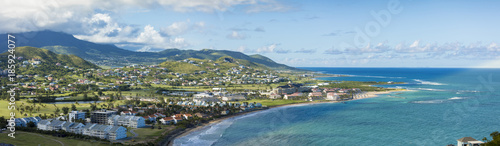 View of resorts, golf courses, and ocean on the south end of St Kitts.