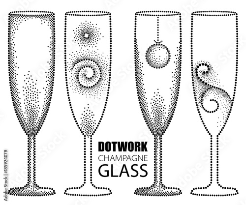Vector set with dotted champagne glass or flute in black isolated on white background. Drawing of transparent champagne glass for wine, winery and restaurant design in dotwork style.