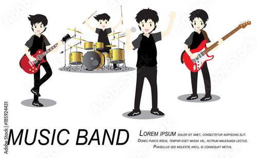 Musicians rock group ,Play guitar,Singer, guitarist, drummer, solo guitarist, bassist, keyboardist. Rock band.Vector illustration isolated on background in cartoon style