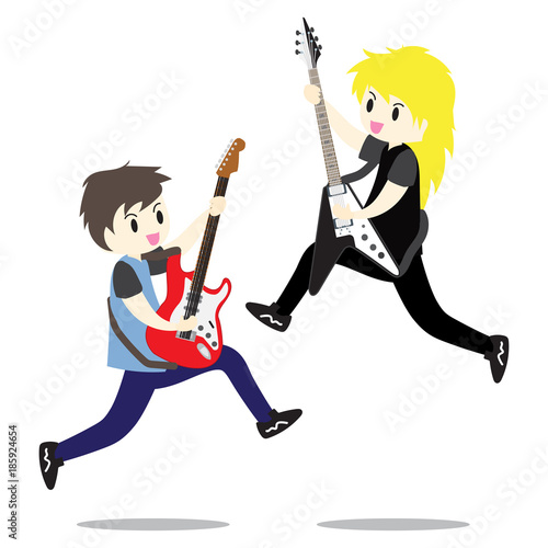 Young boy playing Electric guitar Happy Love music Vector illustration isolated on background