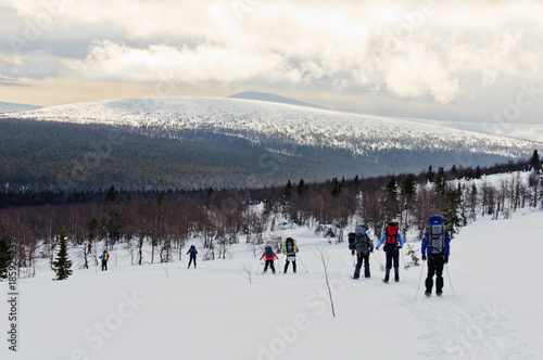 Tourists backpacking at the Northern Ural mountains