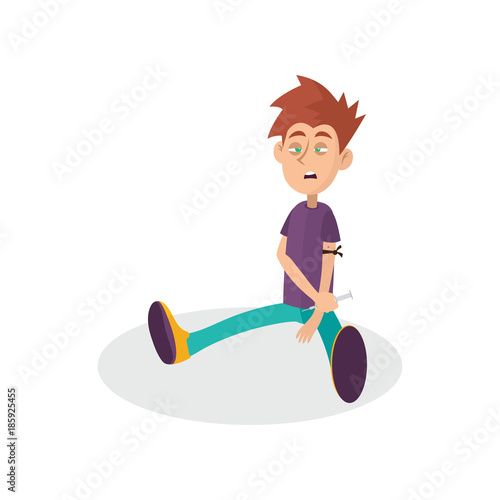 Young junkie using syringe with narcotic liquid. Heroin injecting. Drug abuse. Cartoon boy character sitting with apathetic face expression. Bad habit. Flat vector