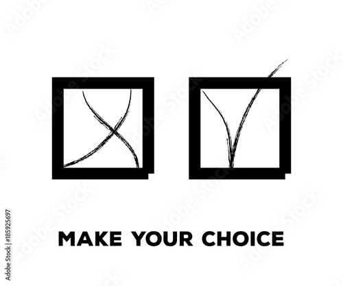 Yes and No Vector Set Square Frames, Isolated.  Hand Painted Election, Quizz, Voting, Test Symbols. Ink Brush Rejection and Approval, Query Choice Icons. Yes and No Tick and Cross Symbolic Marks.
