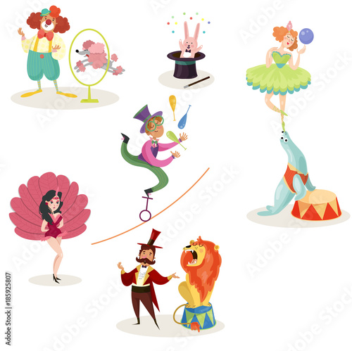 Characters in circus performers and animals in different actions. Carnival show. Set of decorative elements for poster, ticket, flyer or invitation. Flat vector design