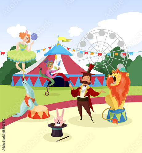 Amusement park with circus artists and marquee, ferris observation wheel and green trees on background. Cartoon characters of people and animals. Flat vector design
