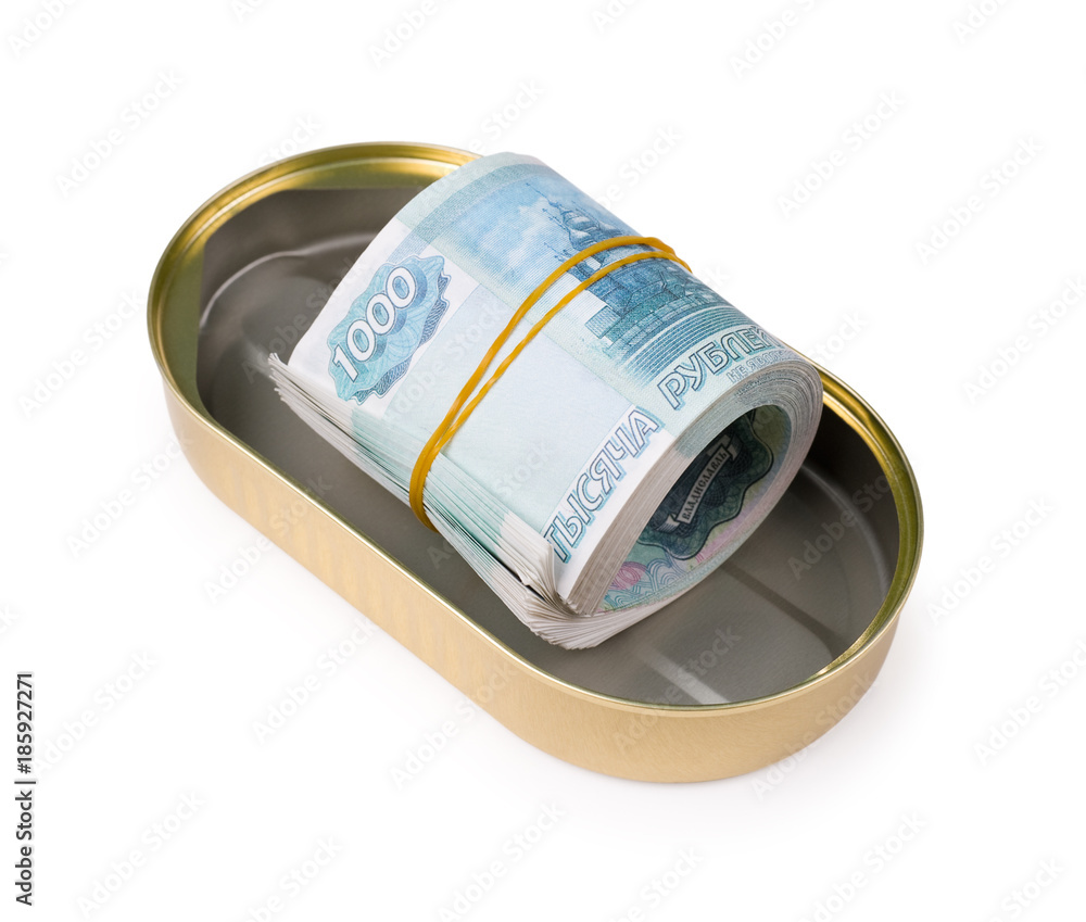 bundle of russian rubles in can