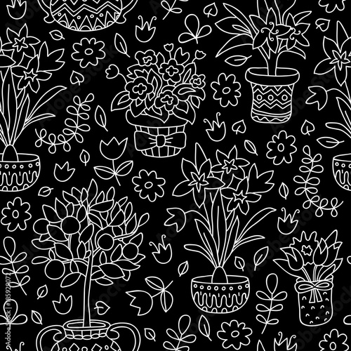 Seamless pattern doodle plants in pots, floral background. Endless texture for wallpaper, fill,  web page background, surface texture.