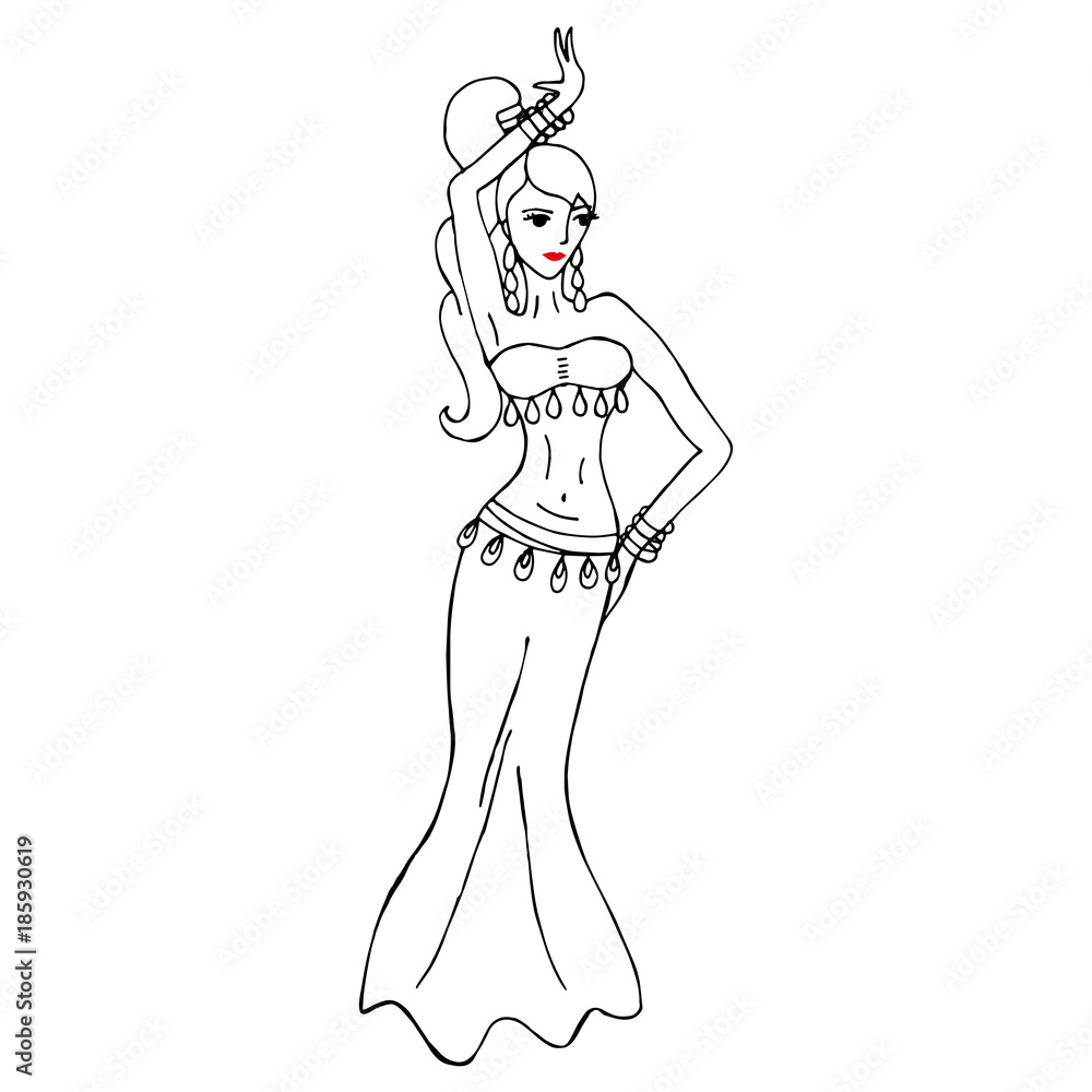 Vector illustration with woman dancing belly dance. Isolated on Vector illustration with woman dancing belly dance. Isolated on