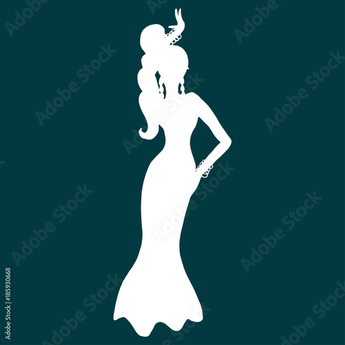 Vector illustration with white silhouette of woman dancing belly