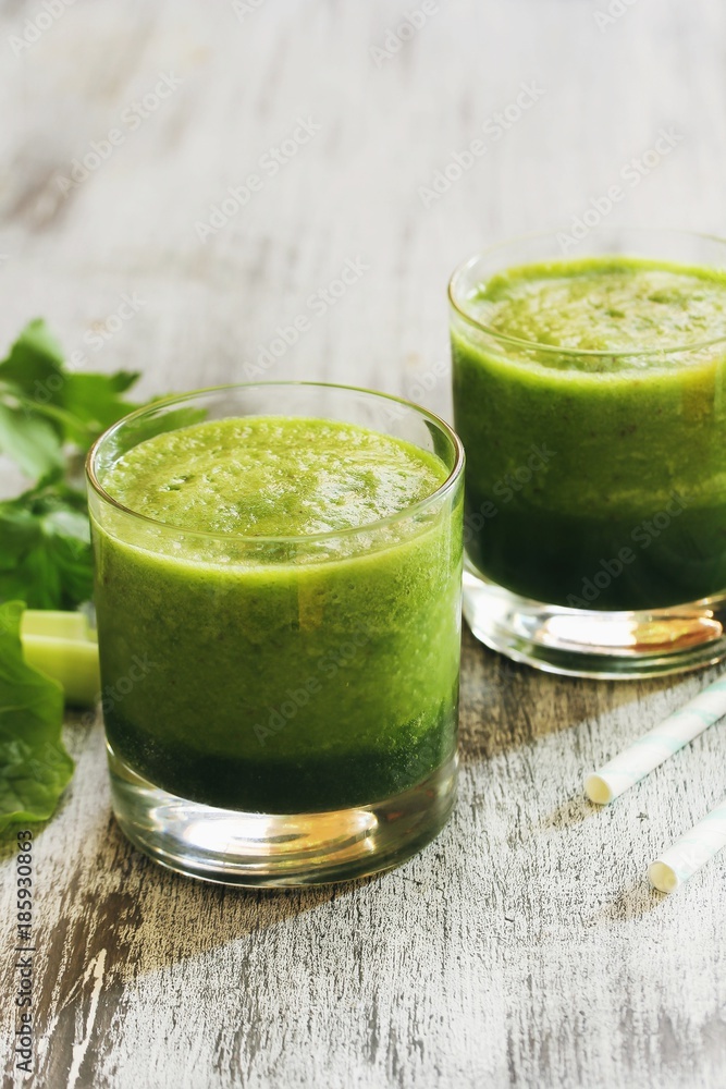 Green Smoothie with spinach celery cilantro, selective focus Green Smoothie with spinach celery cilantro, selective focus