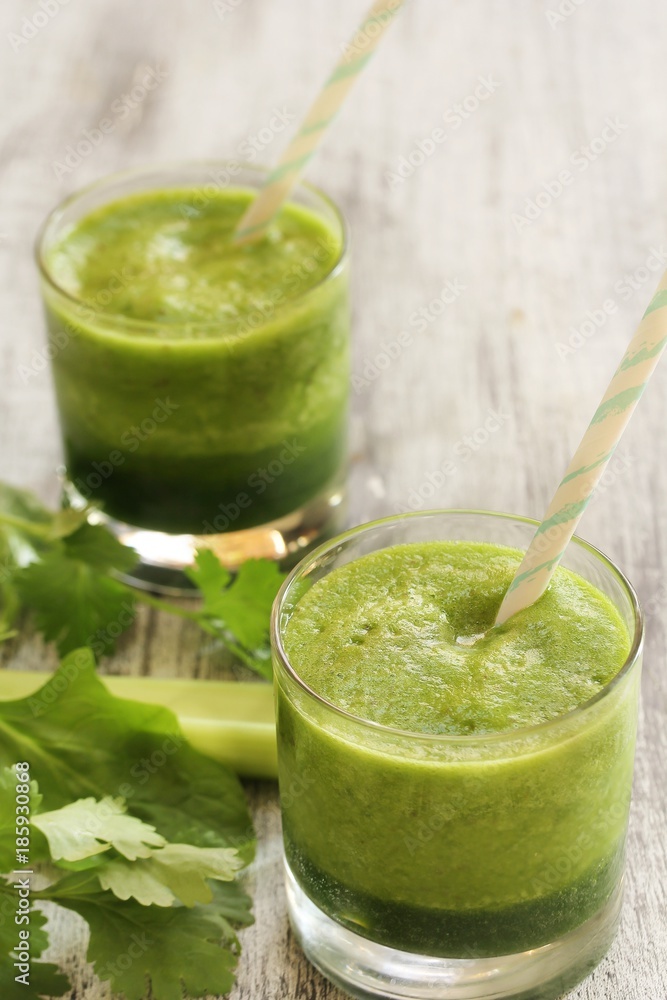 Green Smoothie with spinach celery cilantro, selective focus Green Smoothie with spinach celery cilantro, selective focus