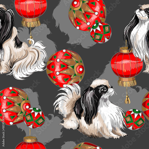 Seamless pattern with chinese chinese dog and balls and a lantern